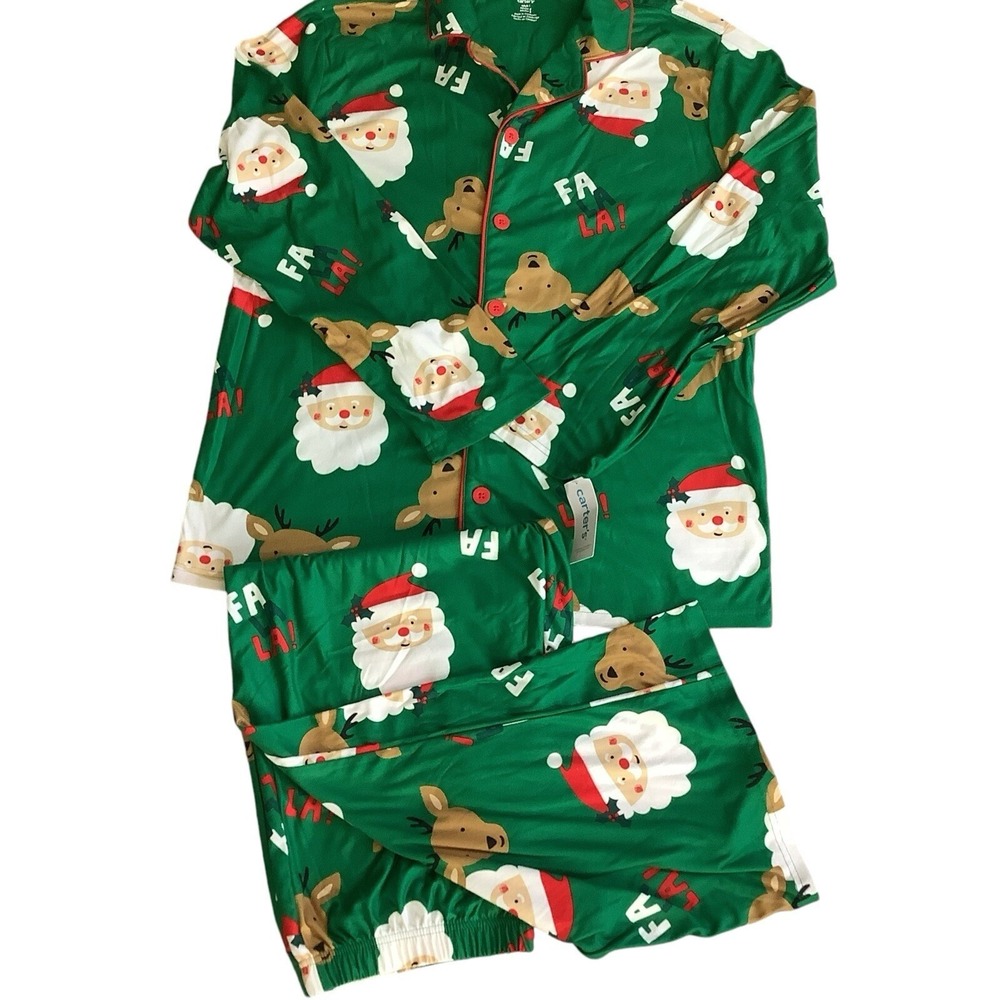 Carter's Christmas Pajama Set Adult Medium Green Santa Reindeer Fa La La NWT